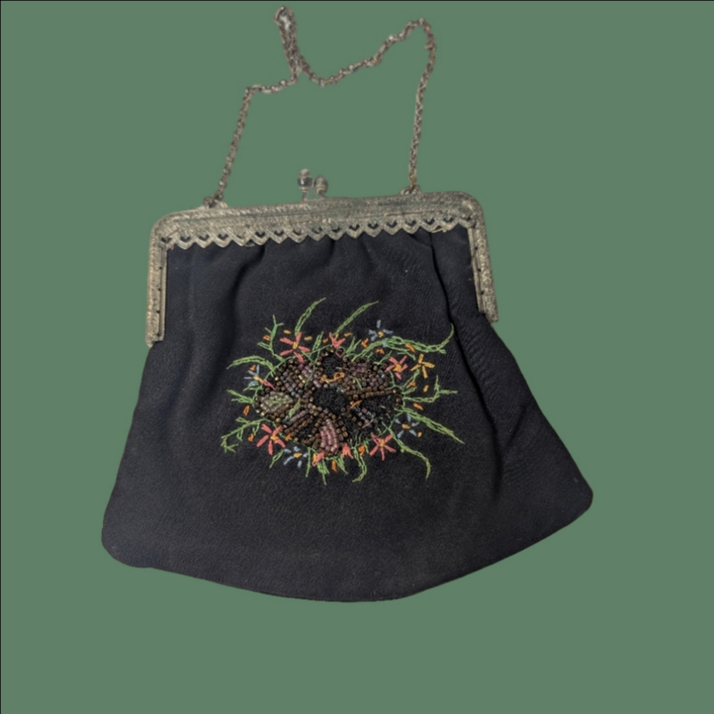 Vintage Bag Black Embroidered Petite Women's Fabric Bag